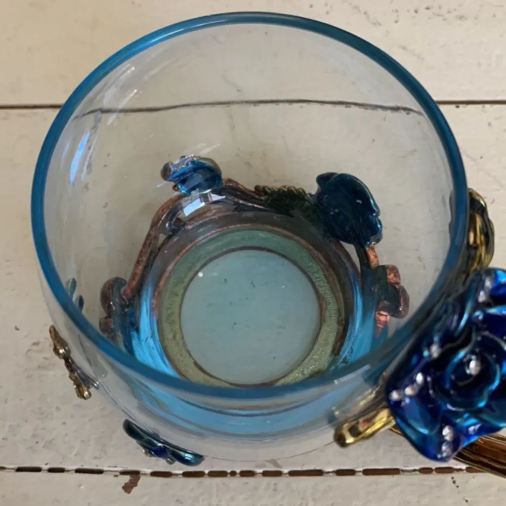 ARC of France Clear Glass Cup Mug Enamel Floral Butterfly With Clear Stone